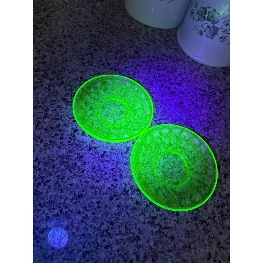 Vintage Federal Green Depression Uranium Glass Saucers Plates 5.5 Inch Set of 2